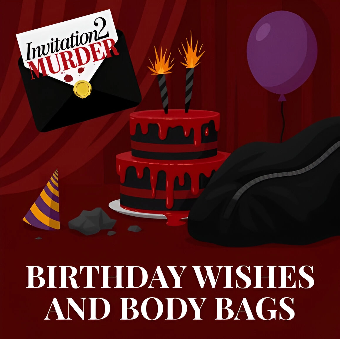 Birthday cake, body bag and party decor all within a dark theme.