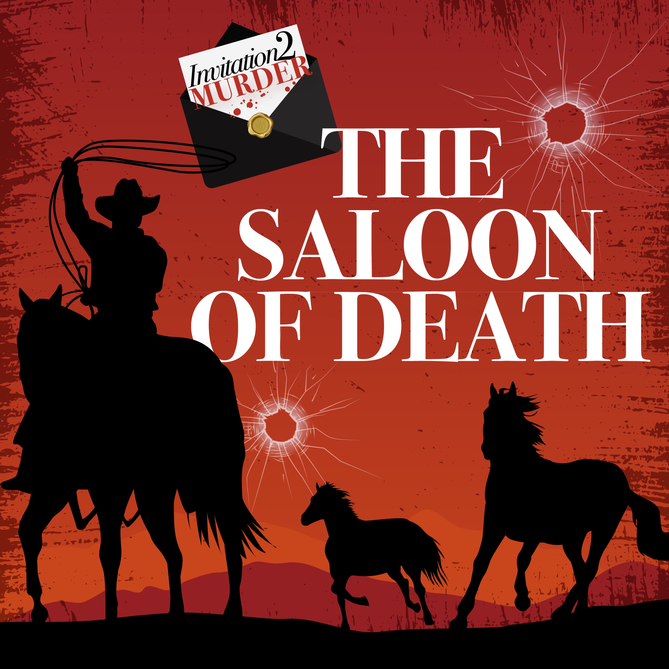 Western-themed poster for Invitation2Murder’s family gathering murder mystery UK event, featuring cowboy silhouettes and bullet holes.