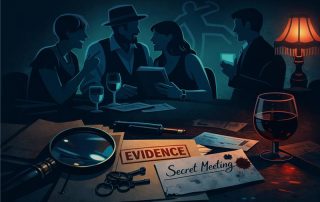 Moody illustration of people gathered around a table at a murder mystery scene, with evidence files, a magnifying glass, wine glasses, and a note reading “Secret Meeting,” creating a sense of intrigue and investigation.