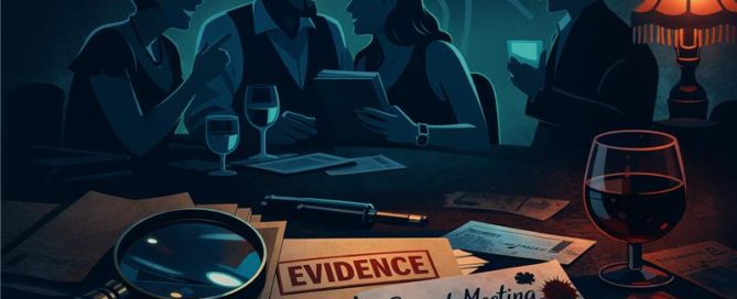 Moody illustration of people gathered around a table at a murder mystery scene, with evidence files, a magnifying glass, wine glasses, and a note reading “Secret Meeting,” creating a sense of intrigue and investigation.