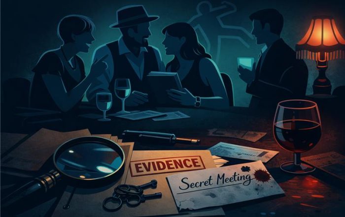 Moody illustration of people gathered around a table at a murder mystery scene, with evidence files, a magnifying glass, wine glasses, and a note reading “Secret Meeting,” creating a sense of intrigue and investigation.
