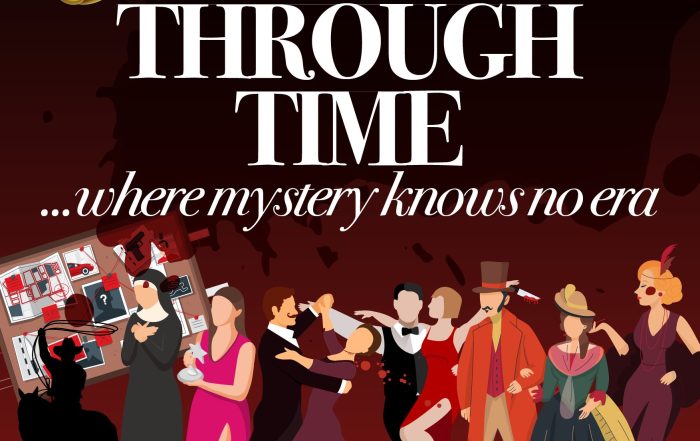 Illustrated poster reading “Travel Through Time… where mystery knows no era,” featuring a lineup of characters in historical and vintage costumes, symbolising a time-travel mystery experience across different eras.