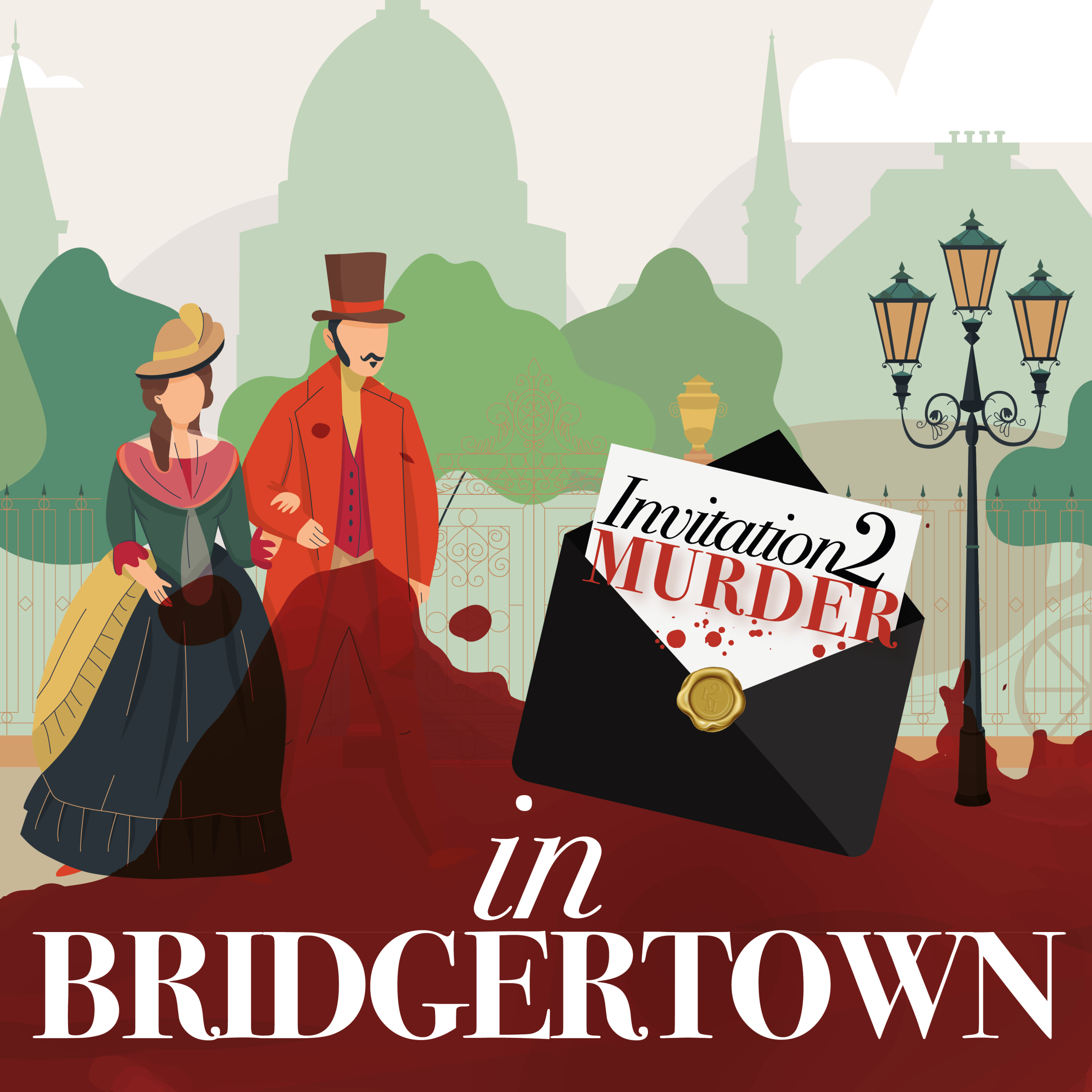 Invitation2Murder-Website-Graphics-2024-02 Victorian-era illustrated couple standing in a historic town setting with an Invitation to Murder envelope, promoting a Bridgertown murder mystery experience.